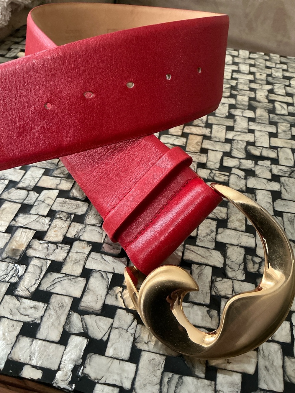 VINTAGE 80s 90s Fancy Gold Red Leather Belt